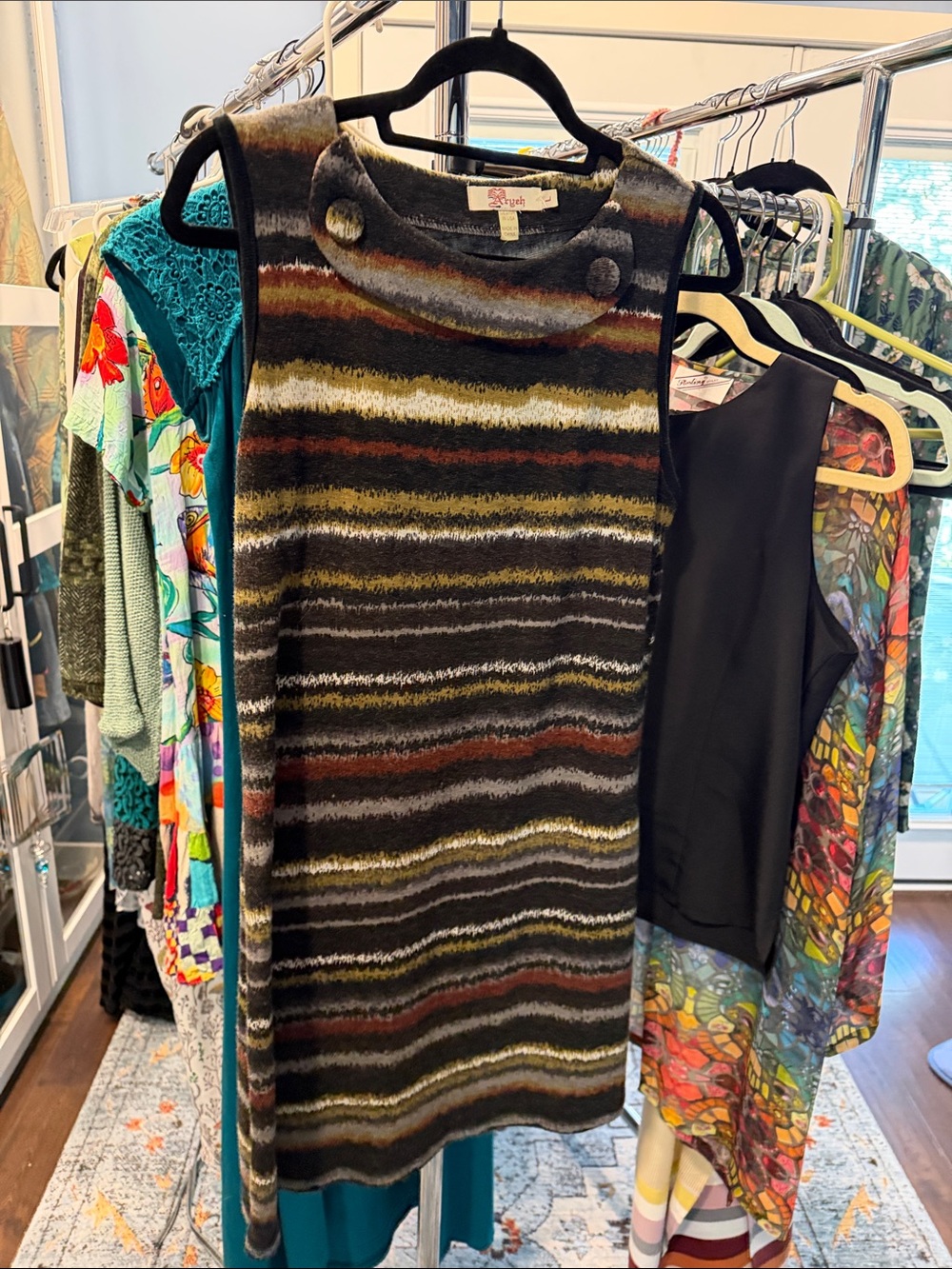 Aryeh Striped Sleeveless Knit Dress in Black, Olive, Rust, White and Gray